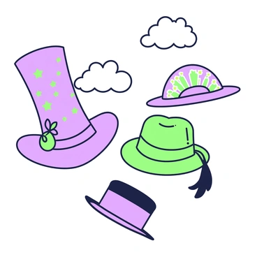 A collection of oversized hats is floating in the air against a clear background. Each hat has a unique design, with one being a tall, whimsical top hat adorned with stars, while another is wide-brimmed and decorated with colorful flowers. A third hat resembles a giant sun hat with a vibrant pattern, and a fourth is a classic fedora, slightly tilted. The hats are positioned at various heights, creating a dynamic sense of movement. Above them, fluffy clouds add a soft touch to the scene.