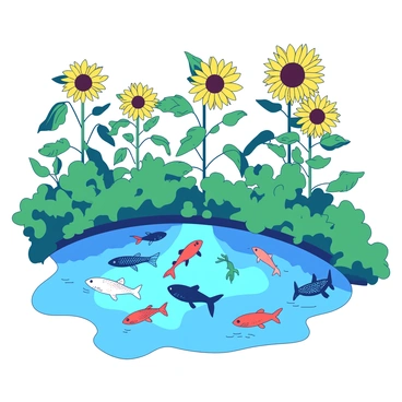 A blue fish pond is filled with various colorful fish swimming gracefully. Towering yellow sunflowers surround the pond, their large heads facing the sunlight. The sunflowers are tall and lush, creating a vivid contrast against the calm surface of the water. The area around the pond is rich with green foliage, emphasizing the vibrant colors of the fish and the sunflowers. The scene is bright and lively, capturing the essence of a sunny day in nature.