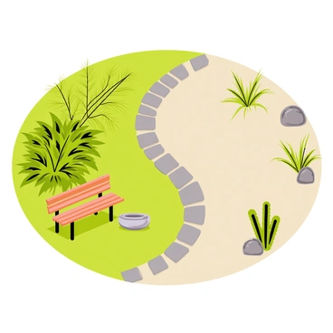 A garden arranged in the shape of a "yin-yang" symbol featuring two distinct sections. One side is filled with lush, green plants, including ferns and bushy shrubs, creating a vibrant, lively atmosphere. The other side showcases dry, sandy soil adorned with gray stones and sparse, drought-resistant plants like succulents and cacti, symbolizing tranquility. A narrow, winding path made of stepping stones connects the two halves of the garden, providing a clear division yet inviting harmony. Small decorative elements, such as a wooden bench and a birdbath, are placed strategically to enhance the peaceful setting.