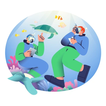 Two marine biologists are submerged underwater, wearing blue and green wetsuits with diving masks. They are using underwater cameras to observe various sea life around them. A school of colorful fish swims past, including yellow tangs and clownfish, while a large sea turtle glides gracefully nearby. The biologists are pointing towards a vibrant coral reef, which is teeming with different species of coral in shades of pink, purple, and orange. Sunlight filters through the water, creating a shimmering effect above them. One of the biologists is taking notes on a waterproof notepad, while the other is adjusting their camera to capture the underwater scene.