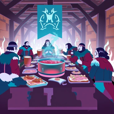 A bustling Viking feast taking place in a wooden hall with high ceilings and sturdy beams. At the center of a long, rough-hewn table, there is a large, simmering cauldron filled with hearty stew, steam rising from its surface. Surrounding the table are rugged Viking warriors and women, dressed in traditional leather and fur garments, engaged in lively conversation. Some are holding large wooden mugs filled with ale, while others are serving platters of roasted meat and bread. The atmosphere is lively, with flickering torchlight casting dynamic shadows across the room. A large banner hangs above, displaying a fierce emblem, adding to the vibrant scene.