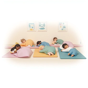 A cozy classroom with soft, warm lighting. Several children, of diverse ethnic backgrounds, are peacefully sleeping on colorful mats. Some children are nestled under small blankets, while others have their arms tucked under their heads. The mats are arranged neatly on the soft carpeted floor, surrounded by educational posters on the walls. A few stuffed animals are placed beside the children. The atmosphere is calm and serene, with a gentle sense of safety and comfort.