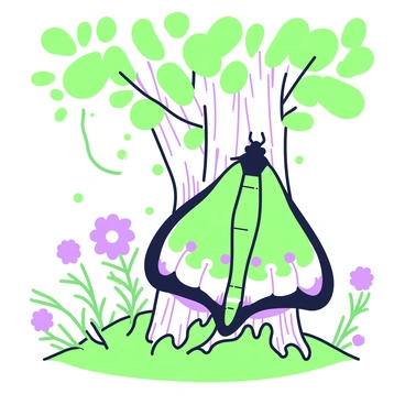 A luna moth is emerging from its cocoon, clinging to the silky strands within a lush woodland setting. The moth's large wings are unfurling, displaying intricate patterns and shapes. Surrounding the moth, soft green leaves create a natural backdrop, while dappled sunlight filters through the branches above, casting gentle shadows on the ground. Small wildflowers, in various stages of bloom, dot the scene nearby. A few delicate ferns arch gracefully around the base of the tree where the cocoon is attached. The atmosphere reflects a moment of transformation in nature.