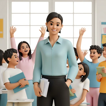 A teacher, wearing a light blue blouse and black trousers, stands in front of a classroom filled with colorful educational posters. She has a warm smile and is holding a stack of papers in one hand. Surrounding her are excited students, some with books and notebooks in hand, showing expressions of joy and disbelief. A couple of students have their arms raised in celebration, while others are chatting animatedly with each other. The classroom is bright, with sunlight streaming in through large windows, illuminating the scene of achievement and celebration.