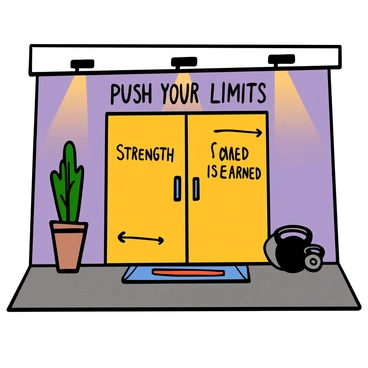 A welcoming CrossFit box entrance with large wooden double doors. The entryway is adorned with motivational messages like "Push Your Limits" and "Strength is Earned" painted on the wall in bold lettering. There are bright spotlights illuminating the area, creating a warm and inviting atmosphere. A colorful rubber mat is placed at the entrance, and there are weights and kettlebells neatly arranged beside the door. A potted plant adds a touch of greenery to the scene, enhancing the welcoming vibe.