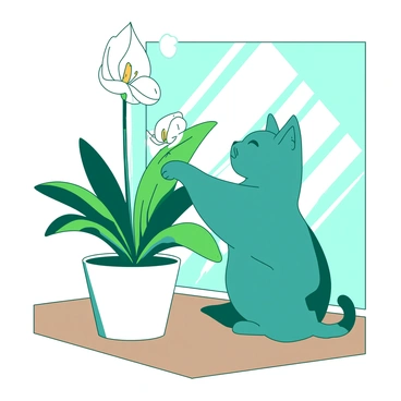 A teal curious cat is playfully pawing at the green leaves of a white peace lily. The cat's ears are perked up, showing its interest, while its tail is in an upright position. The peace lily stands tall in a simple white pot on a wooden surface, with the vibrant green leaves gently swaying as the cat interacts with them. Sunlight filters through a nearby window, casting soft shadows around the scene.