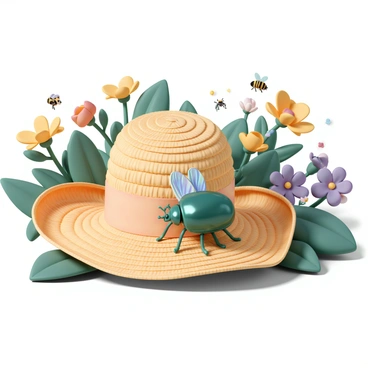 A shiny green beetle with iridescent wings is resting on a straw hat. The straw hat has a wide brim and a textured surface, showcasing the natural fibers woven together. The garden is vibrant, filled with blooming flowers in various colors such as yellow, red, and purple, alongside lush green foliage. Sunlight filters through the leaves, casting soft shadows across the hat and highlighting the beetle's sheen. Small insects can be seen buzzing around the flowers, and a bumblebee hovers nearby, adding to the lively atmosphere of the garden.