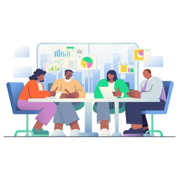 A diverse team of professionals is seated around a large, oval conference table. There are four individuals: a woman with dark skin and curly hair, a man with light skin and glasses, a woman with medium skin and straight black hair, and a man with olive skin and short hair. They are engaged in a discussion about investment strategies. On the table, there are several charts and graphs printed on paper, showcasing various financial data, trends, and projections. The individuals are pointing at the documents and taking notes on notepads. The room is well-lit, with a large window revealing a view of a city skyline in the background.