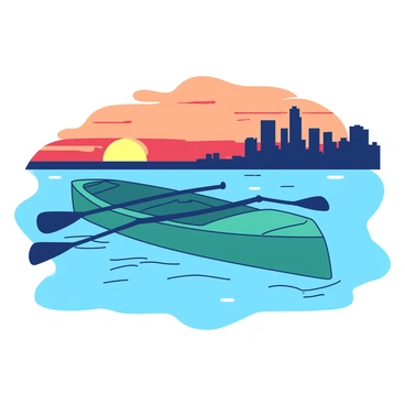 A teal paddleboat is gently floating on a calm body of water. The paddleboat is equipped with two large oars resting on each side. In the background, a city skyline with tall buildings is silhouetted against a vibrant sunset, displaying a gradient of colors in the sky. The sun is partially setting, casting warm orange and red hues that reflect on the water's surface. Small ripples disturb the otherwise smooth water, creating a tranquil scene that emphasizes the beauty of the sunset and cityscape.