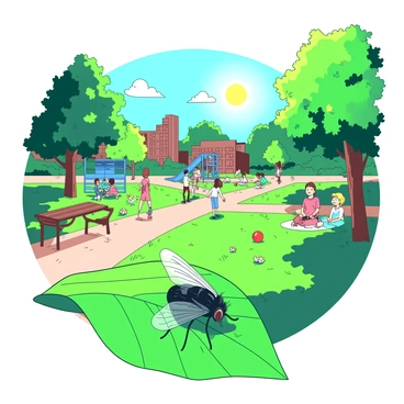 A small black fly is perched on a vibrant green leaf in a lively urban park. The sun is shining brightly, casting warm light across the scene. In the background, groups of people are enjoying the day, some walking along the paved paths, others sitting on benches or having picnics on the grass. Children are playing with a red ball near a blue playground. Trees with lush green foliage surround the area, and colorful flowers bloom in various patches of the park. The fly is basking in the sunlight, enjoying the energetic atmosphere of the bustling park.