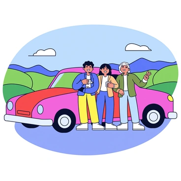 A group of three friends stands together, smiling and posing in front of their bright red car. The car is parked on a gravel road, with its doors slightly open. Behind them is a breathtaking scenic view featuring rolling green hills and clear blue skies. One friend has a camera in hand, capturing the moment, while another holds up a peace sign. The third friend has a hand on their hip, displaying a casual and joyful demeanor. The sunlight casts soft shadows, enhancing the cheerful atmosphere of the scene.