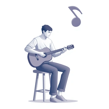 A musician is seated on a stool, playing an acoustic guitar. Their left hand is positioned on the fretboard, while their right hand strums the strings, creating a sense of motion. Above the musician, a music note shaped like a hook is suspended in the air, adding a focal point to the scene. The surrounding atmosphere conveys a sense of creativity and sound. The musician's attire includes a casual shirt and jeans, enhancing the relaxed vibe of the performance.