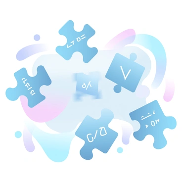 A puzzle made out of various geometric shapes including triangles, circles, squares, and hexagons. Each shape features different mathematical equations and symbols printed on them. The shapes are interlocking seamlessly, fitting together like a jigsaw. The background has a gradient of pastel colors, enhancing the visual appeal of the puzzle.