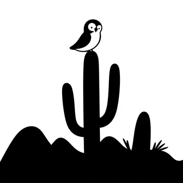 A detailed silhouette of an owl perched on top of a tall cactus, with its wings slightly spread. The background features a gradient of fading light as the dusk settles in, creating a mix of shadow and light. The cactus has distinct spines and arms reaching upwards, standing against the evening sky. Surrounding the scene are shapes of distant hills, adding depth to the landscape.