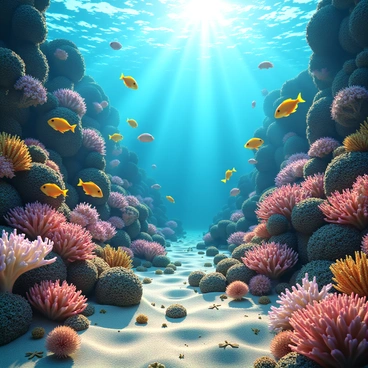 A vibrant coral reef filled with various types of corals, including branching and boulder corals, showcasing a range of colors from pink to blue. Numerous colorful fish of different species are swimming amongst the corals, including yellow tangs, clownfish, and parrotfish. Sunlight filters through the water, creating shimmering patterns on the sandy ocean floor. Small sea urchins and starfish can be seen nestled among the rocks, adding to the diversity of the underwater scene.