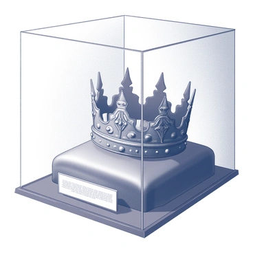 An ancient crown made of intricate metalwork, showcasing ornate designs and symbols. The crown is displayed on a velvet cushion within a glass case. The metal has signs of wear and oxidation, indicating its age, with some areas slightly tarnished. The background includes soft museum lighting that casts gentle shadows on the crown, highlighting its details. A small informational plaque stands beside the display, providing context about the crown's history.