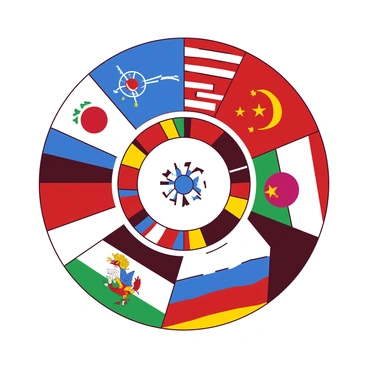 A duotone illustration showcases multiple flags from different regions, arranged in a circular formation to create a cohesive emblem. Each flag presents its unique colors and symbols, blending harmoniously at the center. The outer edges of the emblem radiate outward with distinct patterns from each flag, while the center of the emblem features a unifying symbol that represents unity and collaboration. The overall composition emphasizes the diversity and togetherness of the flags, with vibrant colors contrasting against each other, creating a striking visual impact.