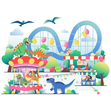 A large, colorful amusement park set in a prehistoric landscape is filled with various dinosaurs. A group of three dinosaurs, including a large green T. rex, a smaller orange velociraptor, and a cheerful blue triceratops, are happily riding on a rotating dinosaur-themed carousel adorned with bright decorations. In the background, a pair of pterodactyls are soaring through a clear blue sky above a giant roller coaster that is twisting and turning, designed to resemble a winding river. Vibrant banners and balloons in a rainbow of colors adorn the pathways, while a booth selling snacks can be seen next to a game stand where a baby stegosaurus is trying to hit a target with a bean bag. Brightly colored trees and lush vegetation surround the park, enhancing the lively atmosphere.