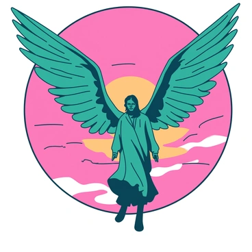 A figure of Lucifer with large, outspread wings is descending from the heavens. The wings are a striking teal, contrasting beautifully against the backdrop of a vibrant sunset sky. The sky is filled with gradients of orange and pink hues, creating an intense atmosphere of twilight. The figure is positioned centrally, with a flowing robe that adds movement as it descends. The light from the setting sun outlines the wings and the figure, enhancing the dramatic effect of the descent.