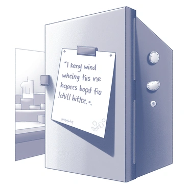 A refrigerator door is prominently featured in the image. The door has a smooth, shiny surface, reflecting some ambient light. Affixed to the door is a handwritten note, slightly crumpled at the edges. The note contains an uplifting message in clear, flowing cursive, with a few decorative swirls and dots around the edges. The note is held in place by a magnetic clip, and there are a few other magnets scattered around the door, each with simple designs. In the background, there is a faint outline of kitchen items, like a countertop or a utensil holder, adding to the domestic atmosphere.