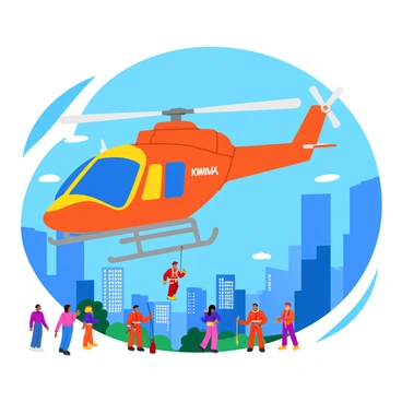 A KMAX helicopter with a sleek, streamlined design is hovering in an urban environment. The helicopter is painted in bright colors, featuring the distinctive KMAX logo on its side. Below, a team of rescuers is engaged in a search and rescue exercise, with one rescuer rappelling down from the helicopter. Surrounding the scene are tall buildings and various urban structures, highlighting the exercise's location. A few bystanders watch from a safe distance, adding context to the busy city atmosphere. The sky is clear, making the helicopter’s details stand out against the backdrop of blue.