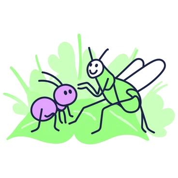 An ant with a small, round body and six legs is sitting next to a grasshopper with long legs and large wings. They are both perched on a green leaf. The ant has a cheerful expression, while the grasshopper has a joyful smile. The grasshopper is gesturing with one of its front legs as if telling a funny story, and the ant is leaning in, clearly amused. The background features a softly blurred green foliage, highlighting the two characters in focus.