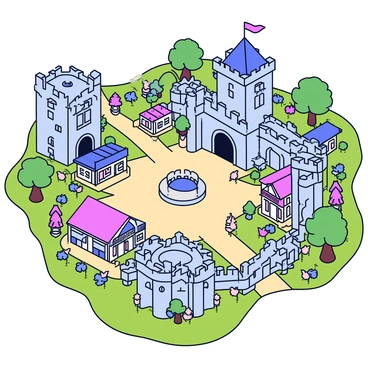 A medieval fantasy town map featuring a central market square surrounded by quaint stone buildings. On one side of the square, there is a large castle with tall towers and a flag waving from the top. Adjacent to the castle is a series of smaller shops and stalls, each with colorful awnings. The streets are narrow and winding, connecting various sections of the town, including another castle to the north, complete with a drawbridge and moat. Lush greenery surrounds the town, with trees and gardens adding vibrant colors to the landscape.