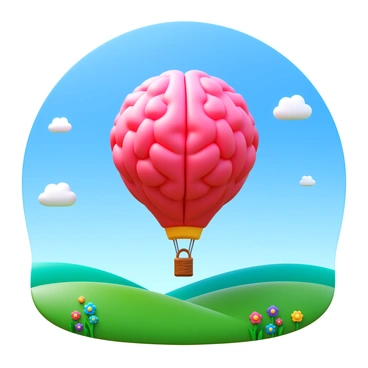 A hot air balloon shaped like a brain floating over a serene landscape