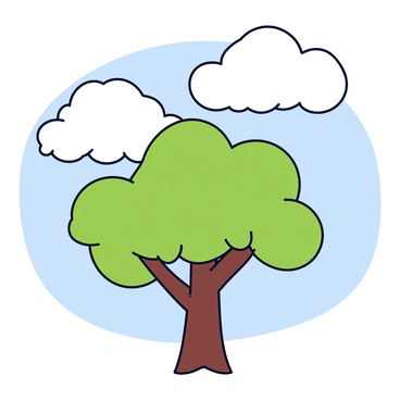 A solitary fig tree with a thick trunk and wide spreading branches stands in the open. The tree is adorned with large, green leaves that are slightly glossy. The sky above is filled with fluffy, white clouds, some appearing larger while others are smaller, creating a dynamic view. The background is a soft blue, contrasting with the vibrant green of the fig tree.