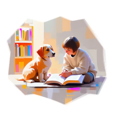 A faithful dog with a shiny coat, sitting patiently on the floor beside a person. The person is absorbed in reading a book, with their brow slightly furrowed in concentration. They are dressed in a cozy sweater and have short hair. The room is softly lit, with a warm glow highlighting the pages of the book. The dog looks up attentively at the person, creating a sense of companionship. A small rug lies beneath them, and there are shelves filled with books in the background.