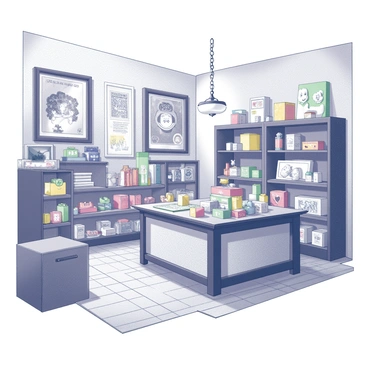 An enchanting vintage toy store interior filled with classic toys and games from the past. The shelves are lined with wooden toys, including colorful building blocks and intricately carved animals. A corner features a display of board games with original packaging, showcasing their nostalgic artwork. The floor is wooden, giving a warm and inviting feel to the space. Vintage posters of popular toys adorn the walls, enhancing the atmosphere. A small, ornate chandelier hangs from the ceiling, casting soft light throughout the store.