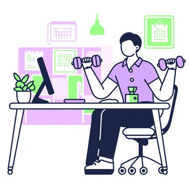 An office worker is sitting at their desk, taking a break. The worker is wearing a blue button-up shirt and black trousers, with a focused expression. On the desk, there are papers, a computer monitor, and a green plant in a pot. The worker is holding a purple dumbbell in each hand, performing front raises. The background features cubicles and a calendar hanging on the wall. A coffee cup is placed on the desk, and a chair with wheels is visible beside the desk.