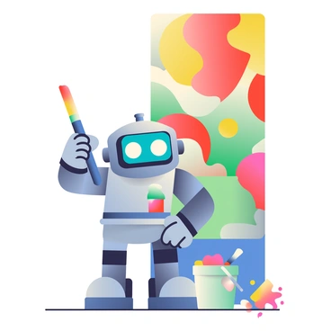 A friendly robot with a shiny silver exterior and bright blue eyes is holding a large paintbrush in its right hand. The robot is positioned in front of a tall city wall that is being transformed into a colorful mural. The mural features vibrant shapes and patterns, including swirling reds, yellows, and greens, depicting a lively urban landscape. The robot’s left hand is gently resting on its hip as it focuses on adding details to the mural. Nearby, a paint bucket filled with various paint colors sits on the ground, with splatters of paint around it, reflecting the robot's artistic endeavor.