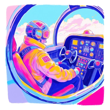 An aviator with retro-futuristic goggles is seated in the cockpit of a high-tech aircraft. The aviator is wearing a leather flight jacket with distinct patches and a fitted helmet. The cockpit features an array of advanced control panels illuminated with various colorful buttons and digital displays. The aircraft has sleek lines and a glossy finish, showcasing a blend of vintage and modern design elements. Outside the cockpit window, clouds can be seen passing by at high speed, emphasizing the aircraft's altitude and motion.