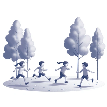 A group of children playing tag in a sunny park, running and laughing amongst trees.
