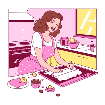 A pink pinup girl with brown hair styled in vintage waves is playfully cooking in a charming kitchen. She is wearing a polka dot apron over a fitted dress, with a bright smile on her face. The kitchen has light yellow cabinets and a white countertop. In her hands, she holds a white rolling pin and is playfully rolling out dough on the counter. Various colorful ingredients like fruits and flour are scattered around. There is a vintage stove in the background, and a window with sunlight streaming in, illuminating the cozy atmosphere.