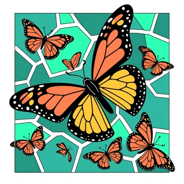 A vibrant mosaic is composed entirely of "monarch butterfly" shapes. The butterflies are arranged in various sizes and orientations, creating a dynamic pattern. Each butterfly features distinct "orange and black" coloration, forming a striking contrast against the background. The background of the mosaic is made up of "teal" tiles, enhancing the overall visual appeal of the piece. The wings of the butterflies are intricately detailed, showcasing their natural patterns and textures. The entire composition radiates a sense of movement and life.