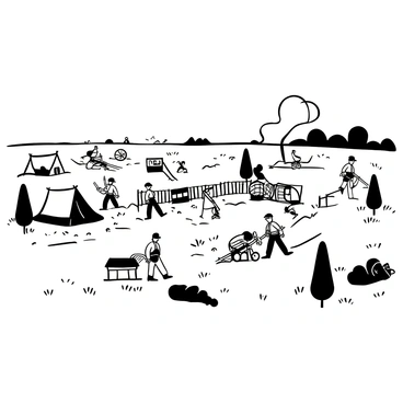 A wide view of a Civil War battlefield featuring multiple soldiers dressed in period uniforms, scattered across the landscape. Some soldiers are taking a defensive position behind a wooden barricade, while others are marching forward in formation. There are tents set up in the background, depicting a camp scene. Cannons and equipment are positioned strategically throughout the battlefield, with smoke rising in the distance, indicating recent gunfire. The ground is uneven, with patches of grass and dirt, and a few trees can be seen in the background, adding to the historical atmosphere.