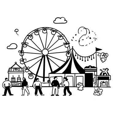 A black-and-white illustration of a carnival scene, featuring a large Ferris wheel with detailed spokes and numerous seats. Surrounding the Ferris wheel are various carnival attractions, including game booths with prizes on display. There are people walking around, some holding cotton candy, and a carousel with ornate horses can be seen in the background. Strings of lights are visibly hanging from posts, illuminating the area with patterns. The scene captures the lively atmosphere of the carnival with dynamic movements and arrangements.