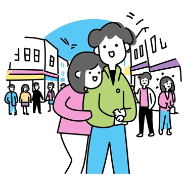 A person with short brown hair is standing behind a friend, who has long black hair. The person is wearing a green jacket and blue jeans, while the friend is dressed in a red coat. The person is smiling as they wrap their arms around the friend in a joyous hug. Surrounding them is a bustling city scene, featuring tall buildings and a crowd of people walking by. There are colorful storefronts and streetlights in the background, adding to the lively atmosphere. The sky is clear with a hint of blue.