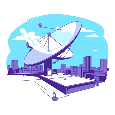 A large satellite dish sits atop a white rooftop, with its surface glinting in the sunlight. The dish is angled towards the sky, surrounded by a network of metallic cables and antennas. Below, the urban landscape stretches out, with buildings of varying heights and colors in the background. The scene conveys a sense of communication, as invisible signals emanate from the dish, representing the transmission of news globally. A few fluffy clouds drift in the blue sky above, adding depth to the image.