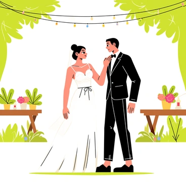 A couple is dancing for the first time as a married pair under a canopy of twinkling fairy lights. The bride is wearing a flowing white gown with delicate lace details, while the groom is dressed in a classic black tuxedo with a white shirt. They are surrounded by lush greenery, with wooden tables set up nearby, adorned with floral arrangements and candles. The ground is covered with soft grass, and the atmosphere is illuminated by the warm glow of the fairy lights hanging above, creating a magical setting for their special moment.