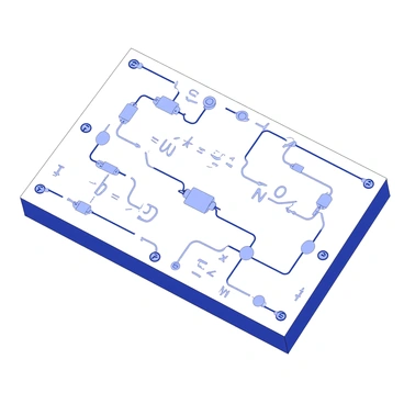 A circuit board is displayed prominently, featuring intricate layouts of connections and components. The connections are arranged in the form of various mathematical equations, with lines representing wires and interconnections. The components, such as resistors and capacitors, are shaped like mathematical symbols and numbers, creating a cohesive theme. Each equation is carefully integrated into the design, with some equations branching out from the main components, while others create loops back to the central circuitry. The overall appearance is complex and visually engaging, showcasing a unique blend of technology and mathematics.