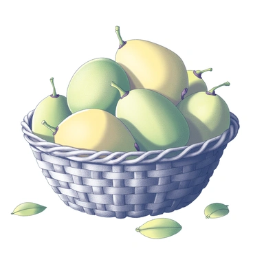 A woven basket with intricate patterns rests on a surface. The basket is overflowing with large jackfruits, their bumpy textures visible. The jackfruits, each with a distinct shape and size, have green and yellow hues that showcase their ripeness. Surrounding the basket, a few fallen jackfruit leaves are scattered, adding to the natural look of the scene. The overall arrangement emphasizes the abundance of the harvest.