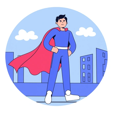 A superhero wearing a tight-fitting blue suit stands confidently on the edge of a city rooftop. The superhero has a flowing crimson cape that billows dramatically in the wind. The city skyline is visible in the background, featuring tall buildings with rectangular windows. The sky above is a bright blue, with a few fluffy white clouds scattered. The superhero looks determined and focused as they gaze into the distance.