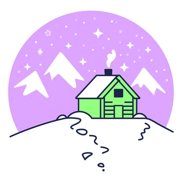 A small hut is positioned on a snowy mountain slope. The hut has a slanted roof and is made of wooden logs, with smoke gently rising from the chimney. Surrounding the hut, the snow is freshly fallen and glistening. In the background, towering snow-covered mountains rise against the horizon. Above, a clear starry sky is filled with numerous shining stars, illuminating the scene. The overall atmosphere gives the impression of tranquility and solitude in the remote landscape.