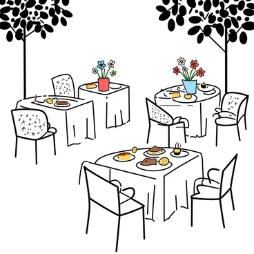 A garden party with tables set for fika, with coffee and a variety of cakes and cookies