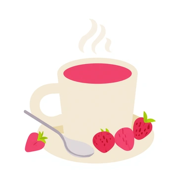 A warm cup of raspberry herbal tea with steam rising from the surface, showcasing a deep red hue. The cup is placed on a small, round white saucer. Fresh raspberries are scattered around the cup, their vibrant red color contrasting with the white background. A small silver spoon rests next to the cup, adding a touch of shine to the scene.