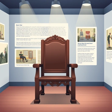An antique electric chair made of dark wood is prominently displayed in the center of a well-lit museum exhibit. The chair has a distinctive, ornate backrest and thick armrests, showcasing intricate craftsmanship. Surrounding the chair are informative placards with black text on white backgrounds, detailing the history and significance of the electric chair. On the walls behind the chair, there are framed historical photos depicting various aspects of its use, including images of courtrooms and public demonstrations. The atmosphere is serious and educational, with polished wooden floors reflecting the light from overhead spotlights.