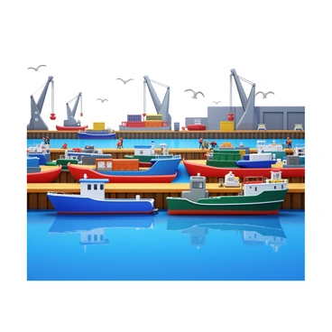 A busy harbor scene featuring various river transport vehicles anchored along the docks. Multiple boats and barges of different sizes are tied to the wooden docks, some with colorful paint and others with a weathered look. Cranes are seen in the background, lifting cargo containers onto waiting vessels. The water reflects the movement of the boats and the industrial buildings lining the harbor. A few seagulls fly overhead, while workers are visible loading and unloading goods along the docks.